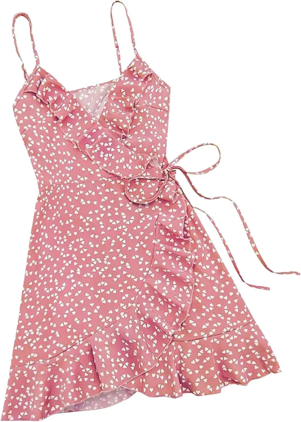 Women's Boho Summer Dresses 2025 Spaghetti Straps Sleeveless Cami Mini Dresses Wrap Knot Ruffle Flowy Sundress Dress