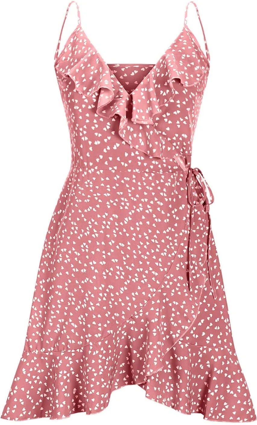 Women's Boho Summer Dresses 2025 Spaghetti Straps Sleeveless Cami Mini Dresses Wrap Knot Ruffle Flowy Sundress Dress