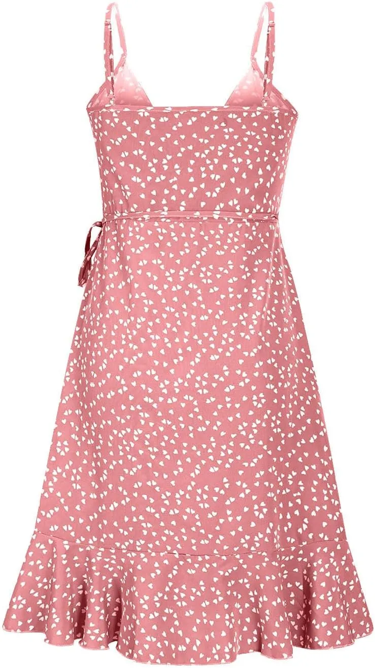 Women's Boho Summer Dresses 2025 Spaghetti Straps Sleeveless Cami Mini Dresses Wrap Knot Ruffle Flowy Sundress Dress
