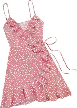 Women's Boho Summer Dresses 2025 Spaghetti Straps Sleeveless Cami Mini Dresses Wrap Knot Ruffle Flowy Sundress Dress