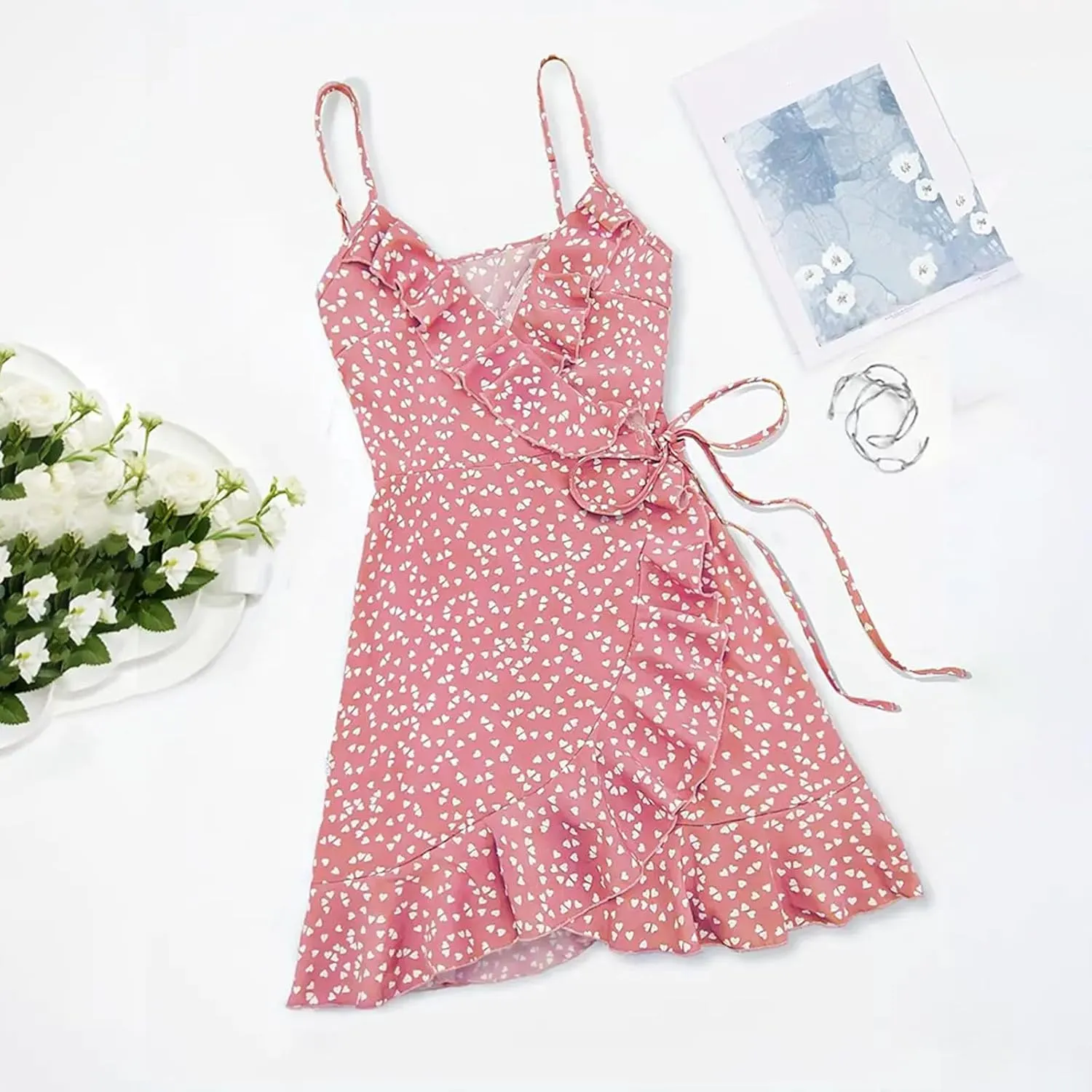 Women's Boho Summer Dresses 2025 Spaghetti Straps Sleeveless Cami Mini Dresses Wrap Knot Ruffle Flowy Sundress Dress