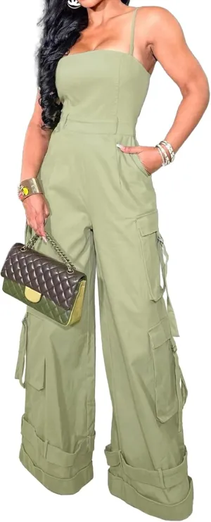 Womens Cargo Jumpsuit Spaghetti Strap Wide Leg One Piece Jumpsuits Romper Baggy Multi Pockets Overalls