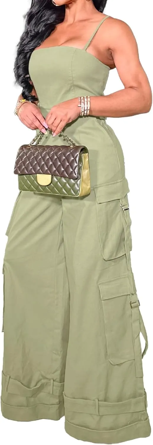 Womens Cargo Jumpsuit Spaghetti Strap Wide Leg One Piece Jumpsuits Romper Baggy Multi Pockets Overalls