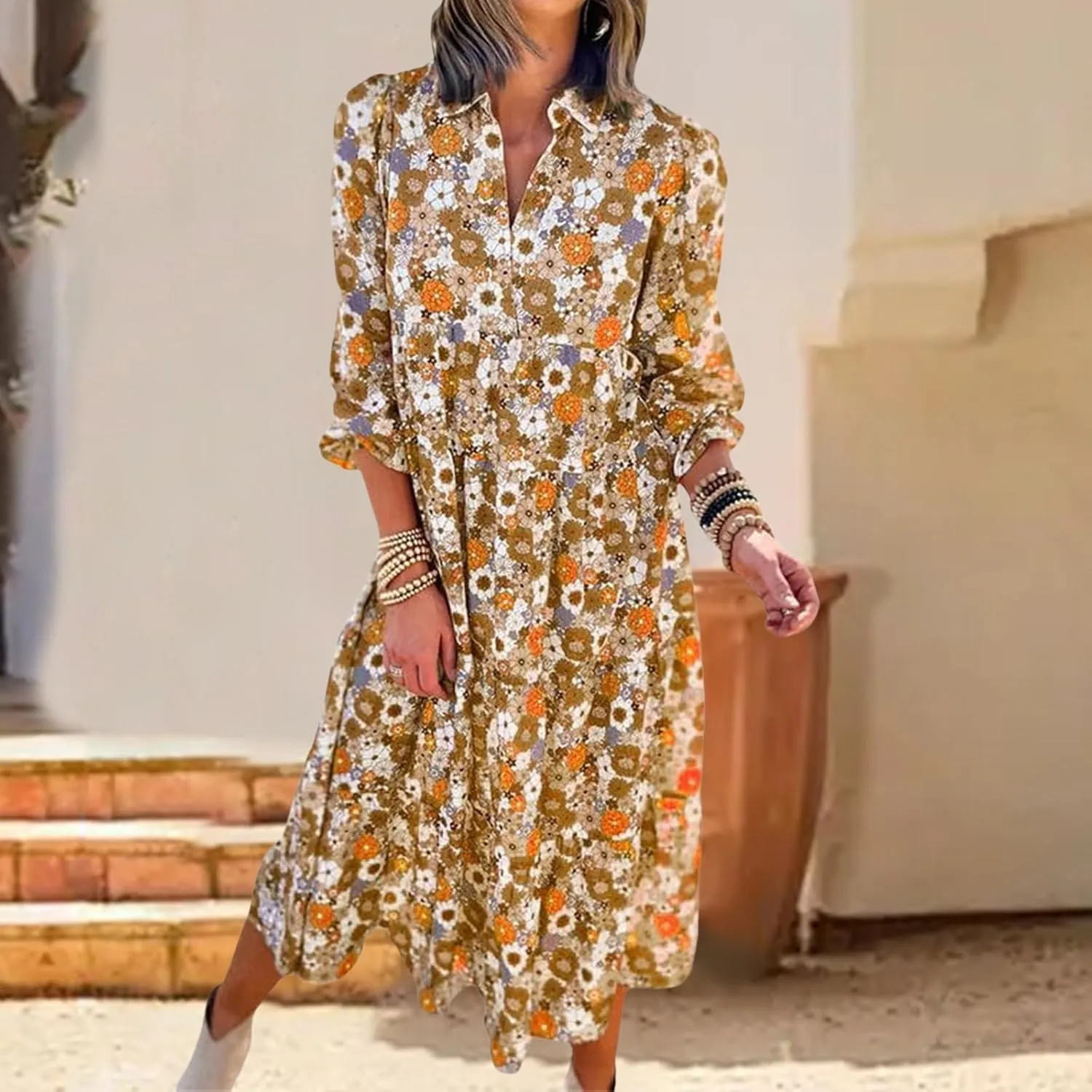 Womens Casual Boho Floral Midi Dresses Puff Sleeve V Neck Ruffle Dresses Summer Loose Dress Tiered Beach Sundress