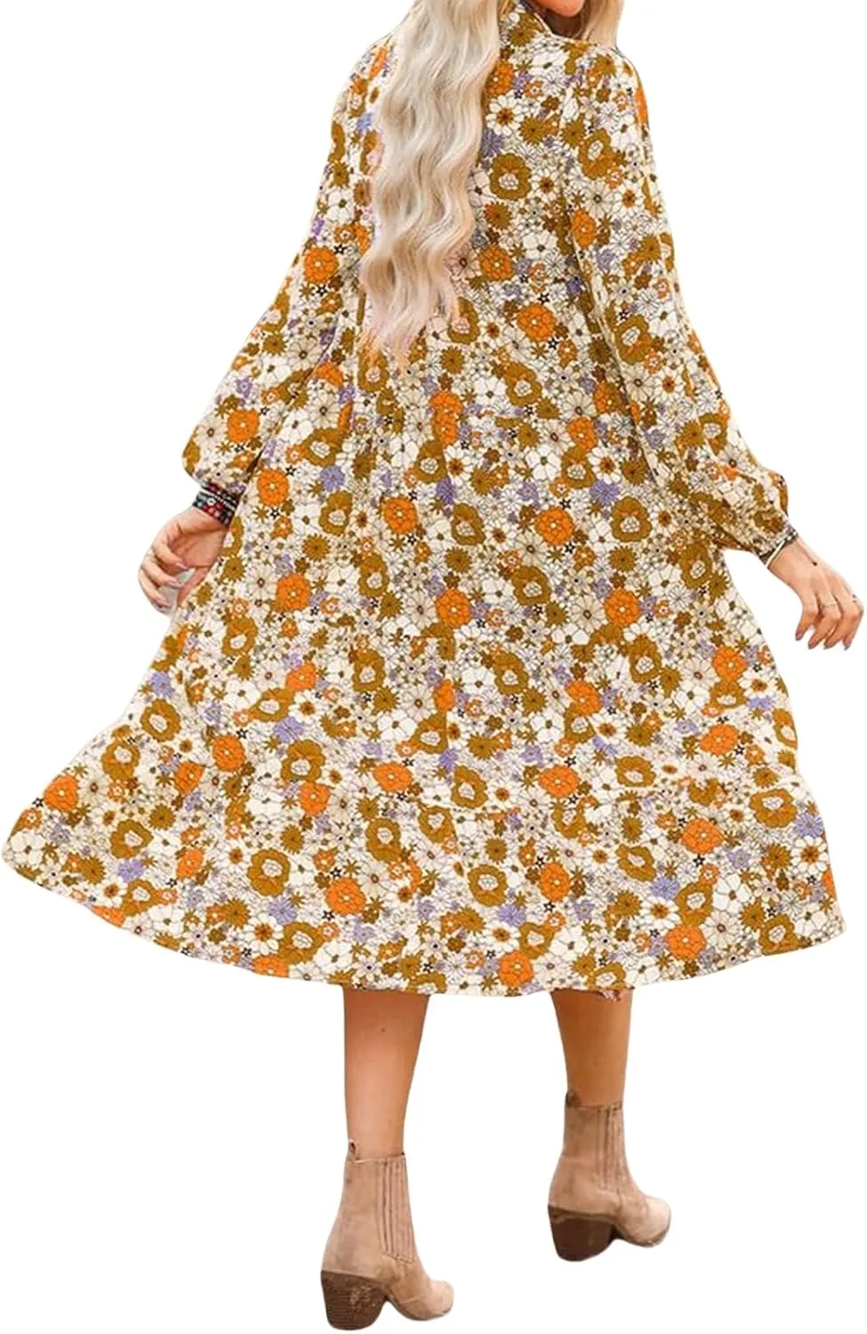 Womens Casual Boho Floral Midi Dresses Puff Sleeve V Neck Ruffle Dresses Summer Loose Dress Tiered Beach Sundress