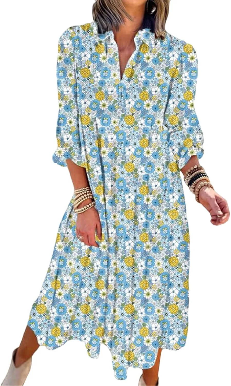 Womens Casual Boho Floral Midi Dresses Puff Sleeve V Neck Ruffle Dresses Summer Loose Dress Tiered Beach Sundress