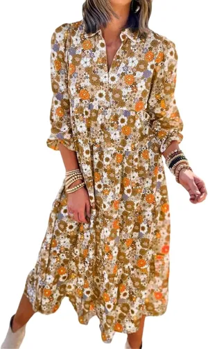 Womens Casual Boho Floral Midi Dresses Puff Sleeve V Neck Ruffle Dresses Summer Loose Dress Tiered Beach Sundress
