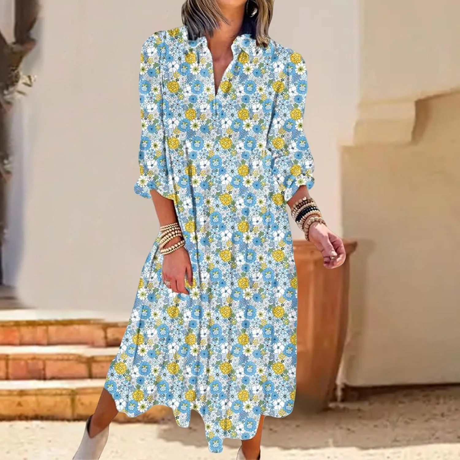 Womens Casual Boho Floral Midi Dresses Puff Sleeve V Neck Ruffle Dresses Summer Loose Dress Tiered Beach Sundress