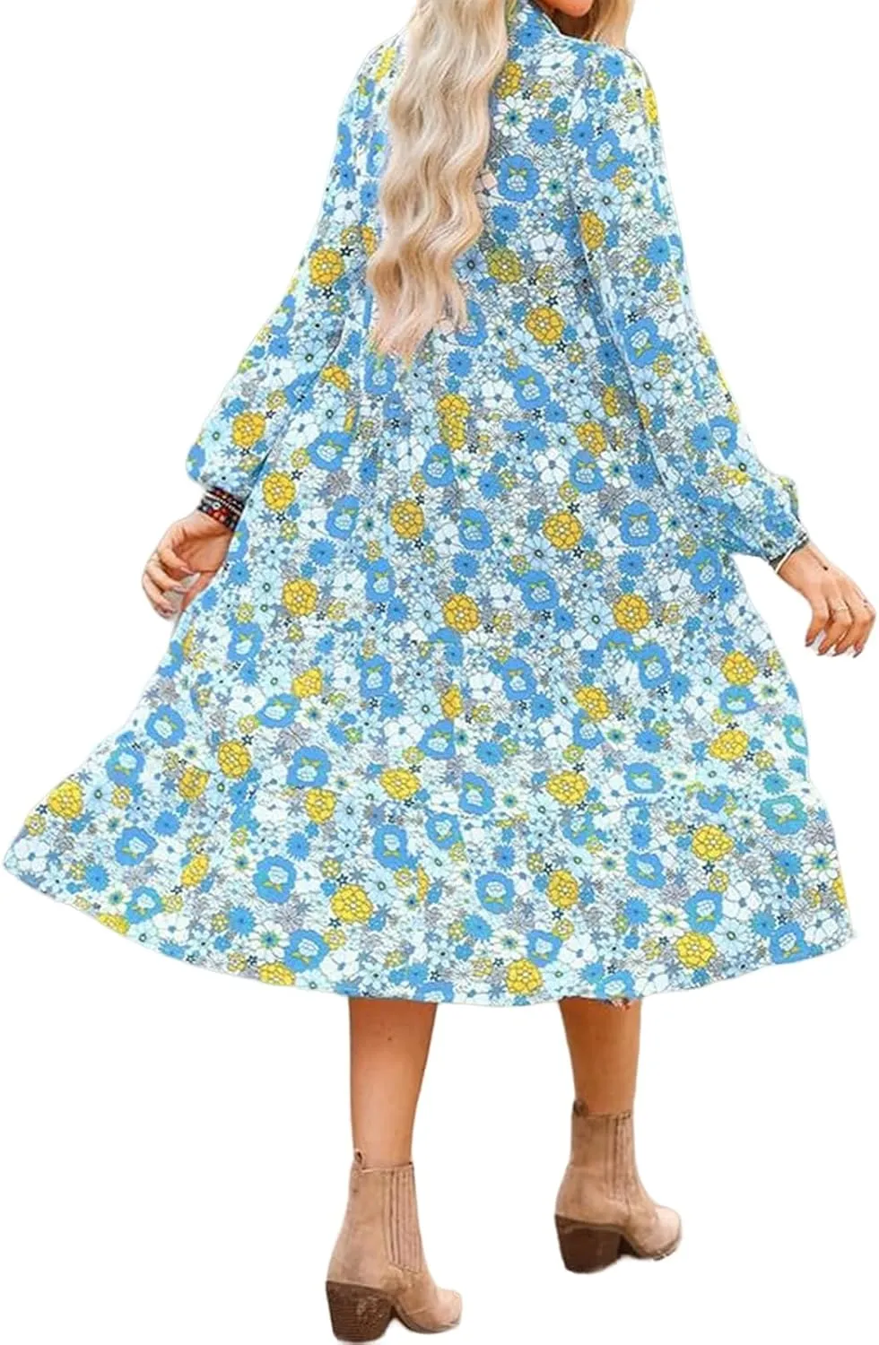 Womens Casual Boho Floral Midi Dresses Puff Sleeve V Neck Ruffle Dresses Summer Loose Dress Tiered Beach Sundress