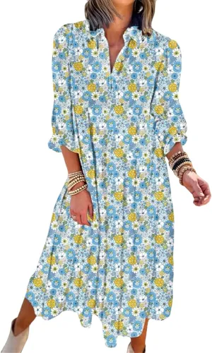 Womens Casual Boho Floral Midi Dresses Puff Sleeve V Neck Ruffle Dresses Summer Loose Dress Tiered Beach Sundress