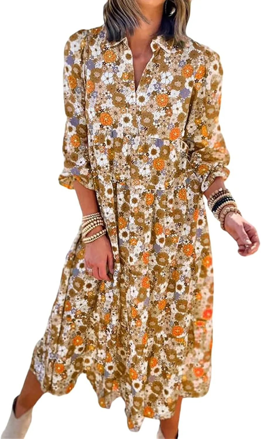 Womens Casual Boho Floral Midi Dresses Puff Sleeve V Neck Ruffle Dresses Summer Loose Dress Tiered Beach Sundress
