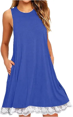 Women's Casual Dresses Trendy Beach Vacation Dress Hem Lace Patchwork Mini Sundress Sleeveless Round Neck Dress