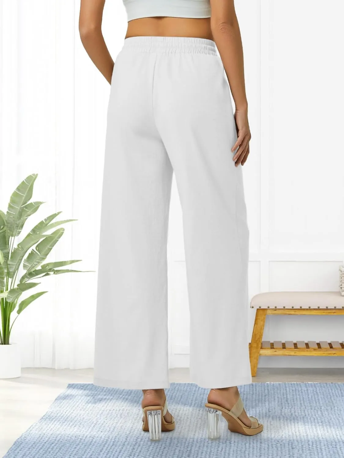 Women's Casual Linen Wide Leg Pants with Pockets Boho Palazzo High Waisted Drawstring Lounge Trousers