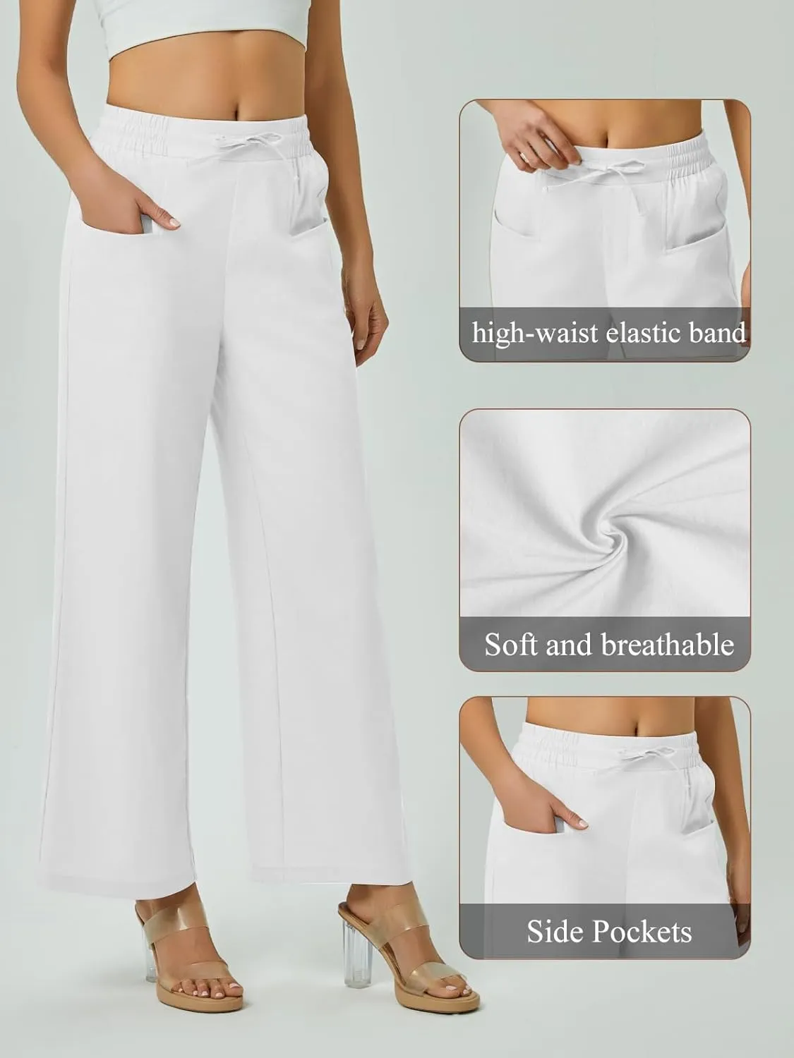 Women's Casual Linen Wide Leg Pants with Pockets Boho Palazzo High Waisted Drawstring Lounge Trousers