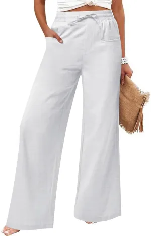 Women's Casual Linen Wide Leg Pants with Pockets Boho Palazzo High Waisted Drawstring Lounge Trousers