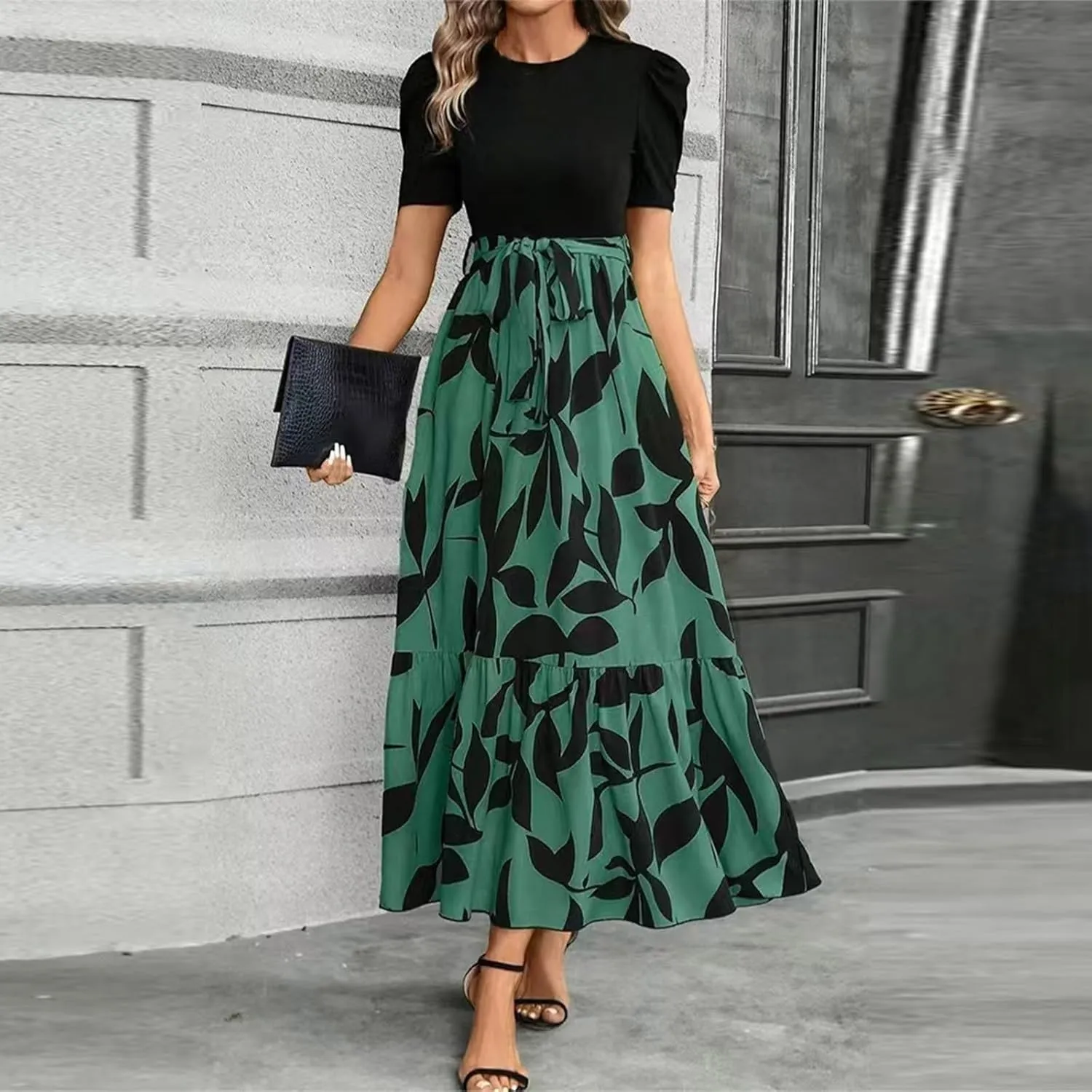 Women's Casual Long Flowy Dresses Ruffle Short Sleeve Floral Printed Dresses with Pockets Summer 2025 Maxi Dress