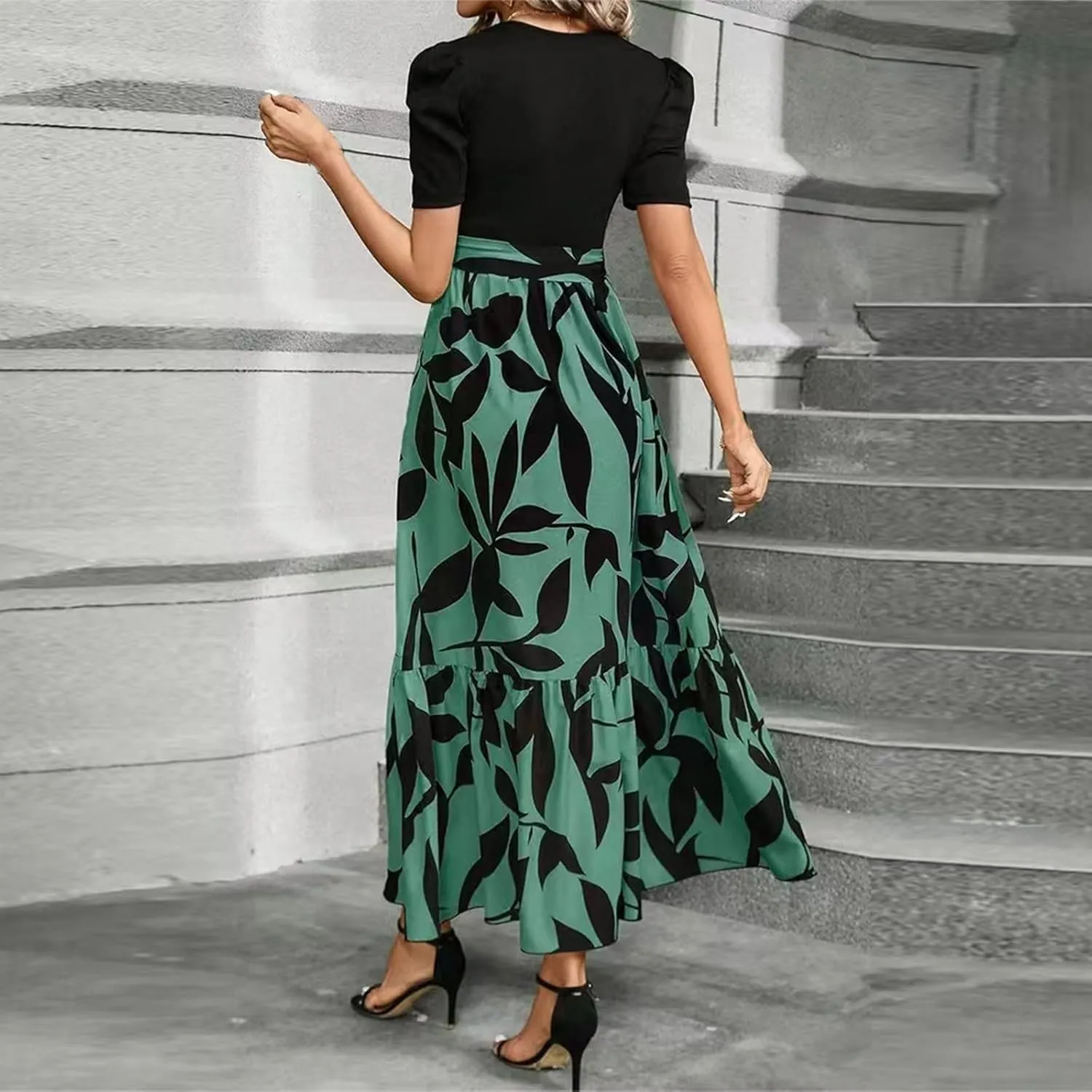 Women's Casual Long Flowy Dresses Ruffle Short Sleeve Floral Printed Dresses with Pockets Summer 2025 Maxi Dress