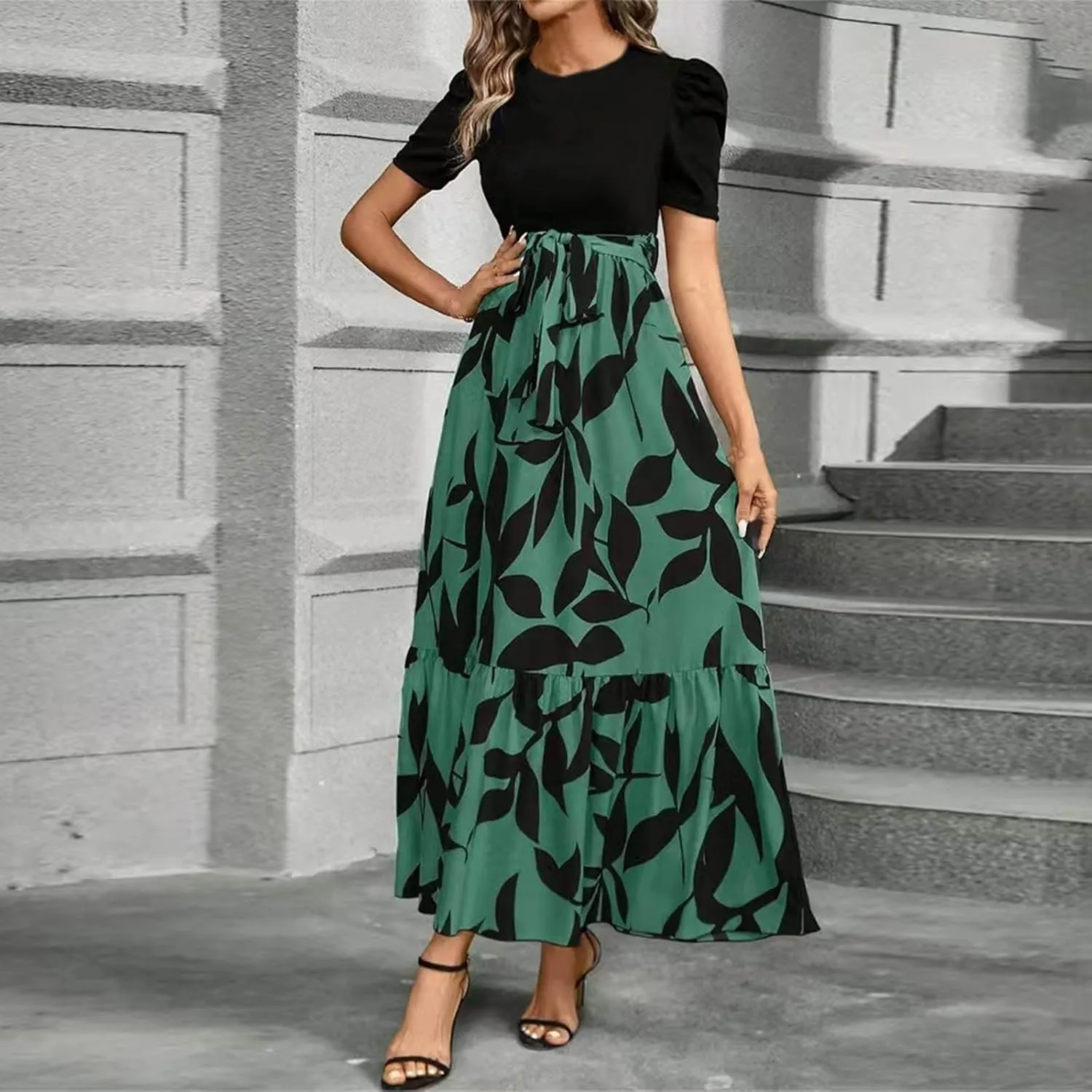 Women's Casual Long Flowy Dresses Ruffle Short Sleeve Floral Printed Dresses with Pockets Summer 2025 Maxi Dress