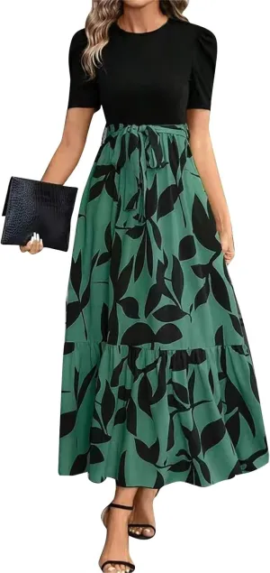 Women's Casual Long Flowy Dresses Ruffle Short Sleeve Floral Printed Dresses with Pockets Summer 2025 Maxi Dress