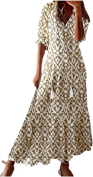 Women's Casual Loose Boho Floral Dresses 2025 Short Sleeve Drawstring V Neck Ruffle A Line Flowy Summer Beach Maxi Dress