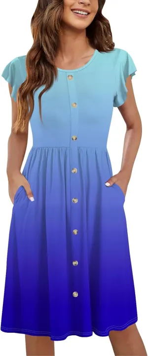 Womens Casual Round Neck 2025 Dresses Fly Sleeve Fashion Printed Sexy Button Pocket Summer Midi Slim Party Dress