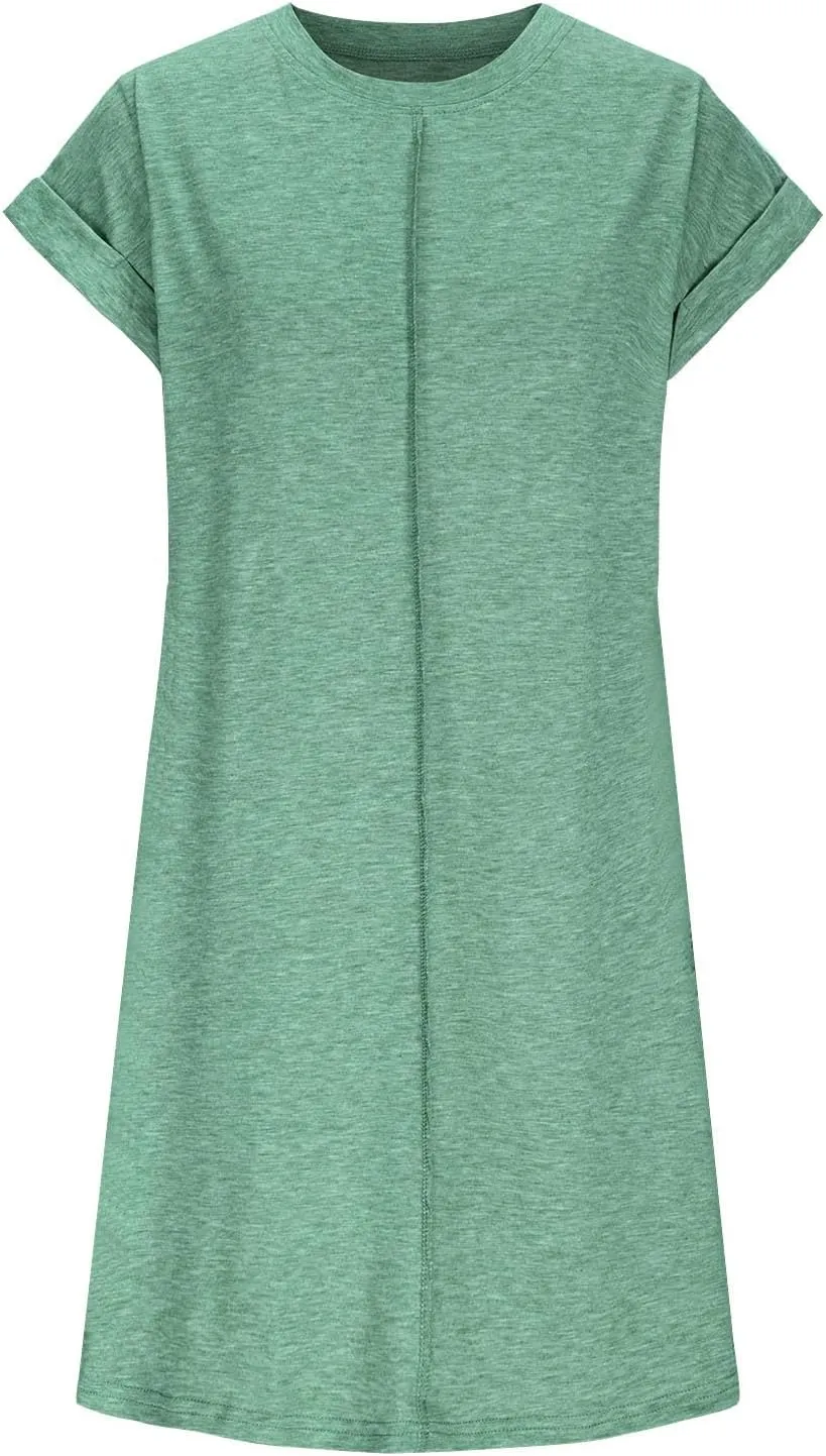 Women's Casual Round Neck Short Sleeve Dress Summer Beach Solid Color Short Dresses Pleated A Line Basic Mini Dress