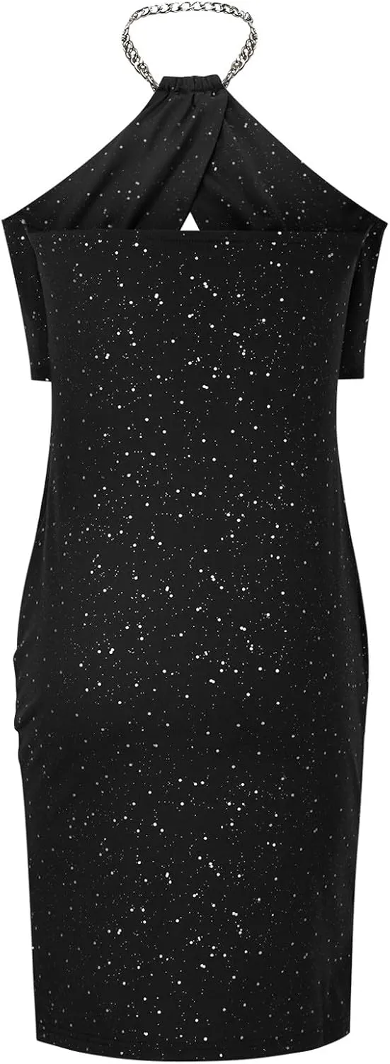 Women's Chain Halter Sparkly Rhinestone Cocktail Dress Bodycon Cut Out Side Split Hem Midi Wedding Guest Party Dresses