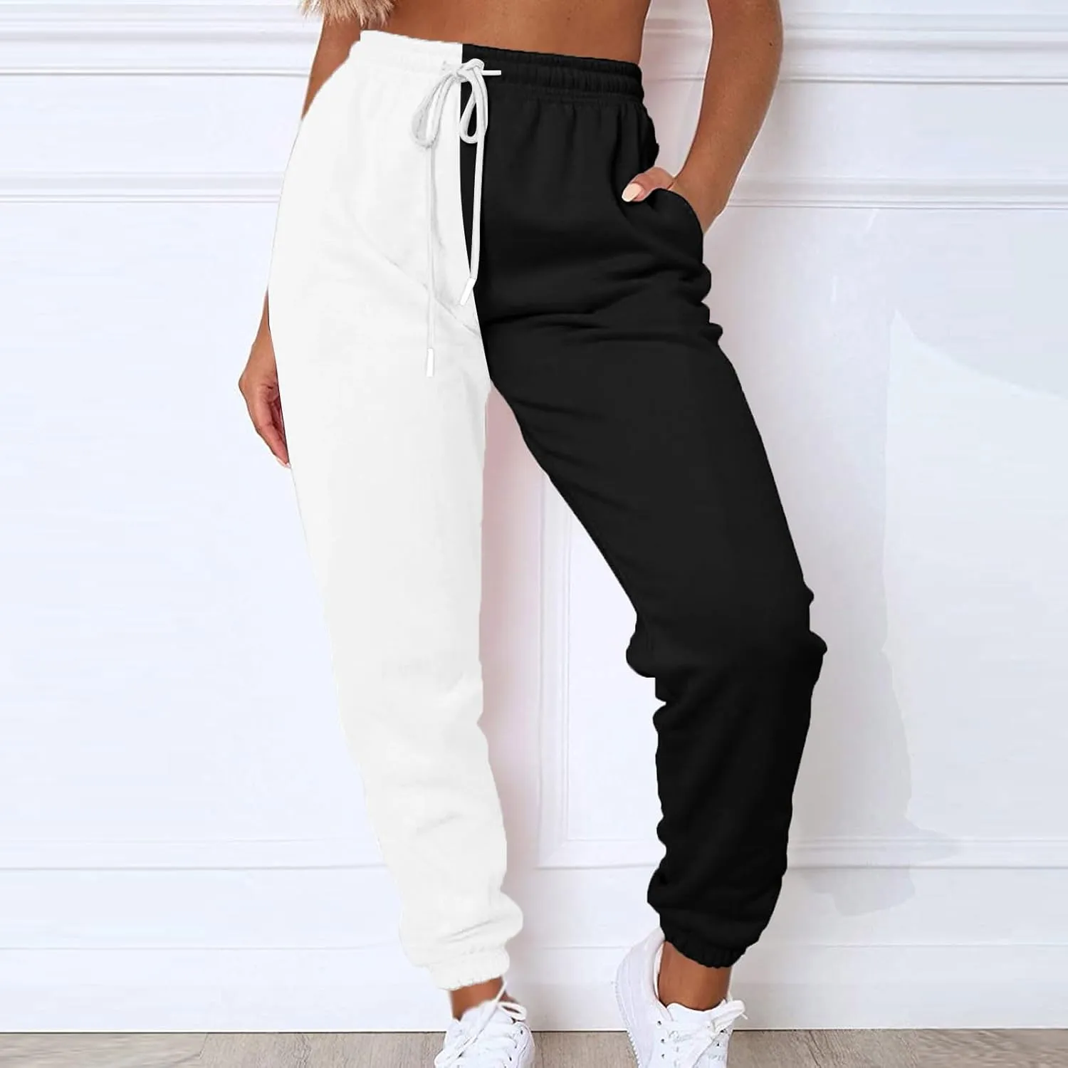 Women's Color Block Sweatpants Patchwork Trouser Elastic High Waist Joggers Baggy Pants with Multi-Pockets
