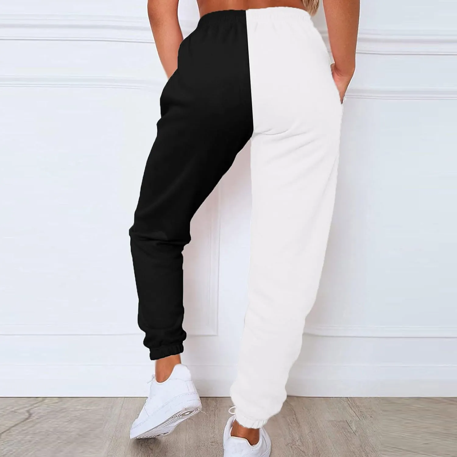 Women's Color Block Sweatpants Patchwork Trouser Elastic High Waist Joggers Baggy Pants with Multi-Pockets