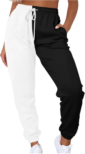 Women's Color Block Sweatpants Patchwork Trouser Elastic High Waist Joggers Baggy Pants with Multi-Pockets