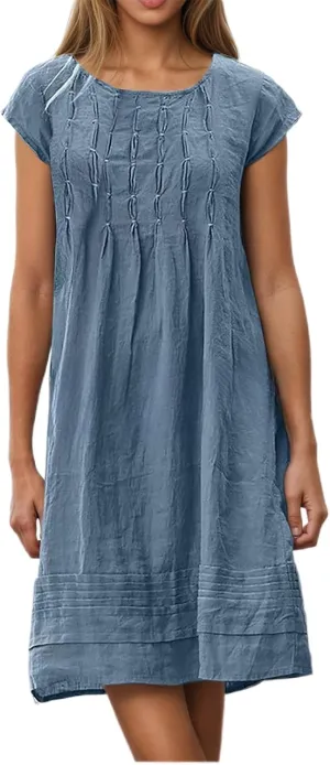 Women's Cotten Linen Summer Shirt Dress Casual Cap Sleeve Crewneck Pleated A Line Swing Beach Midi Sundress
