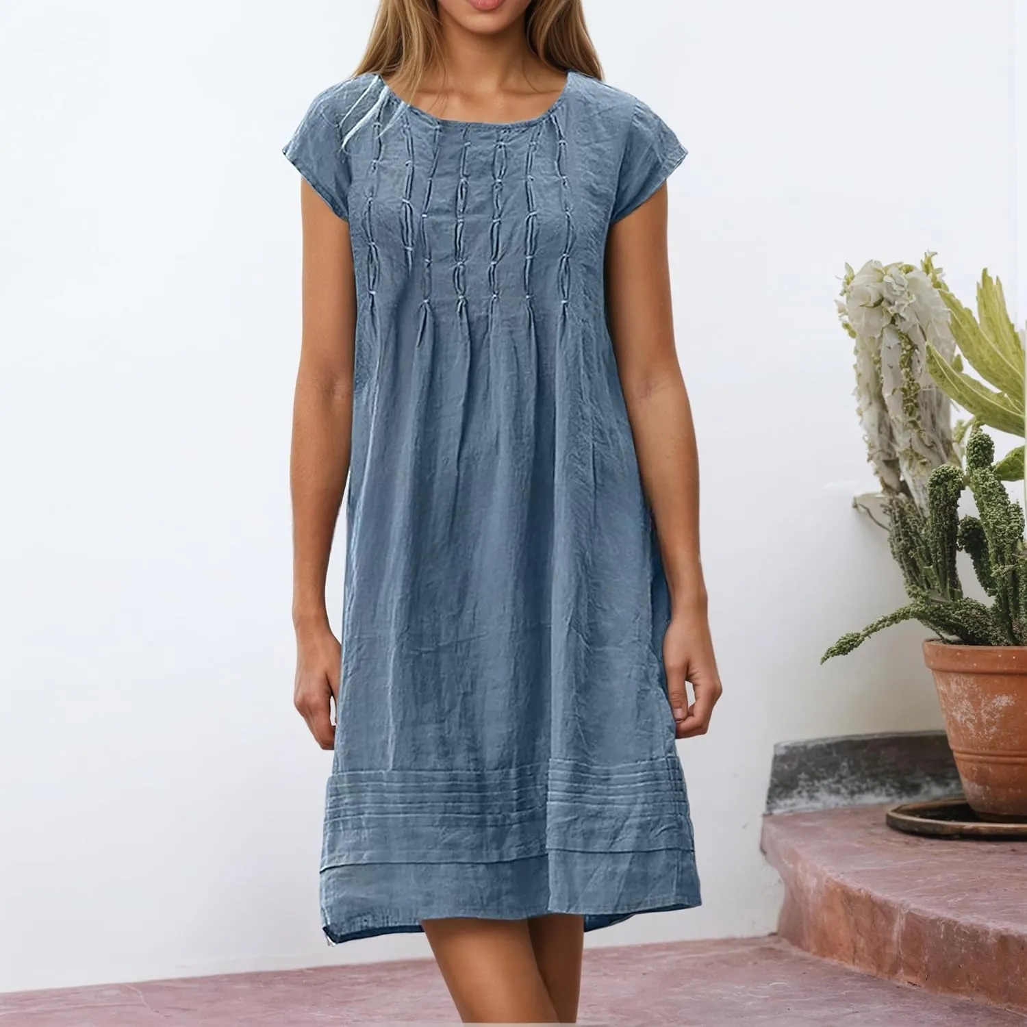 Women's Cotten Linen Summer Shirt Dress Casual Cap Sleeve Crewneck Pleated A Line Swing Beach Midi Sundress