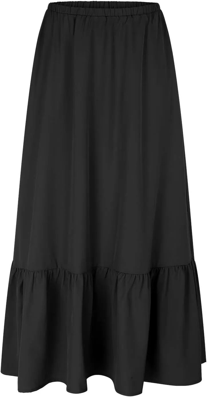 Womens Elastic High Waist A-Line Beach Maxi Skirt Ruffle A Line Swing Long Skirts Casual Summer Women Midi