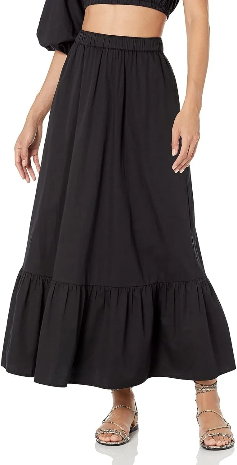 Womens Elastic High Waist A-Line Beach Maxi Skirt Ruffle A Line Swing Long Skirts Casual Summer Women Midi