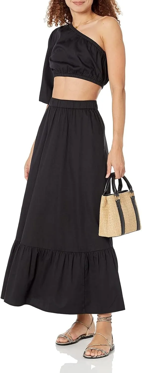 Womens Elastic High Waist A-Line Beach Maxi Skirt Ruffle A Line Swing Long Skirts Casual Summer Women Midi