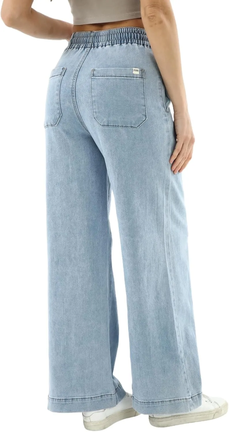 Women's Elastic Waist Wide Leg Pants High Waist Tummy Control Straight Leg Drawstring Lounge Sweat Jeans with Pocke