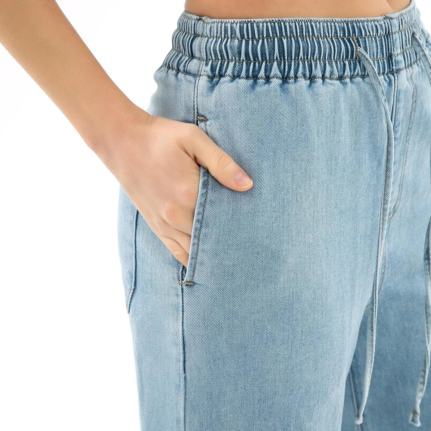 Women's Elastic Waist Wide Leg Pants High Waist Tummy Control Straight Leg Drawstring Lounge Sweat Jeans with Pocke