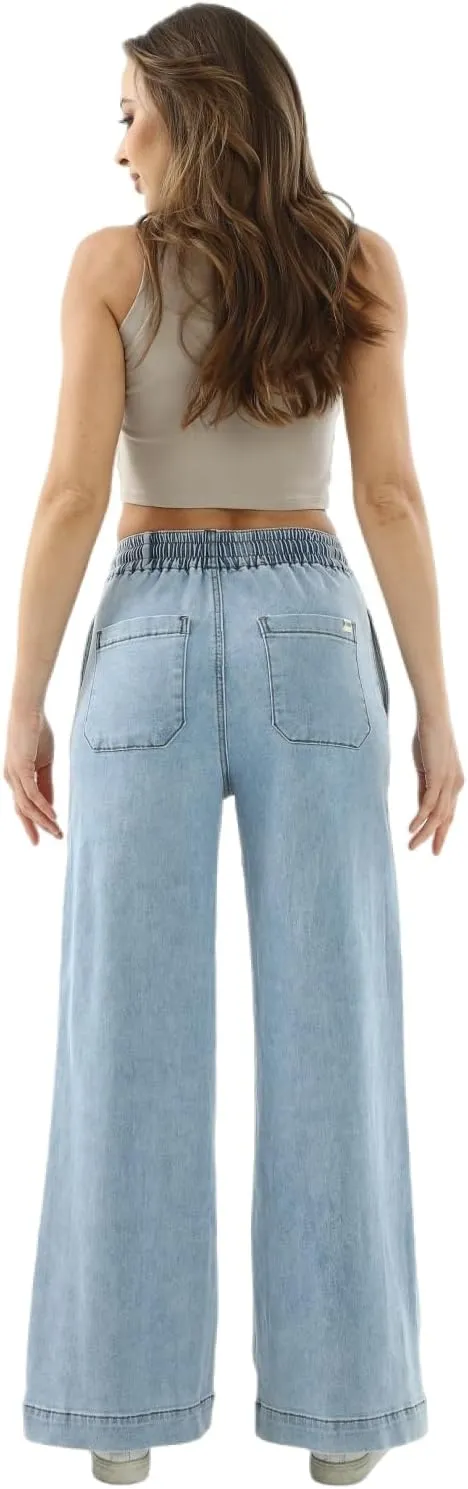 Women's Elastic Waist Wide Leg Pants High Waist Tummy Control Straight Leg Drawstring Lounge Sweat Jeans with Pocke