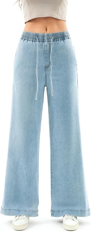 Women's Elastic Waist Wide Leg Pants High Waist Tummy Control Straight Leg Drawstring Lounge Sweat Jeans with Pocke