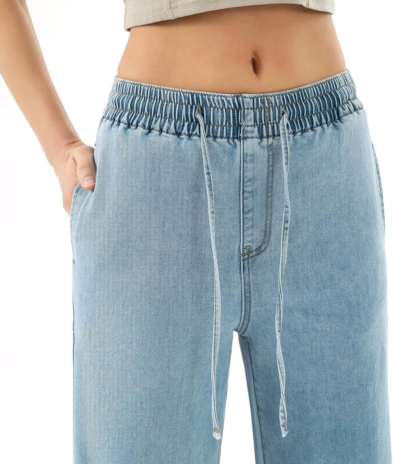 Women's Elastic Waist Wide Leg Pants High Waist Tummy Control Straight Leg Drawstring Lounge Sweat Jeans with Pocke
