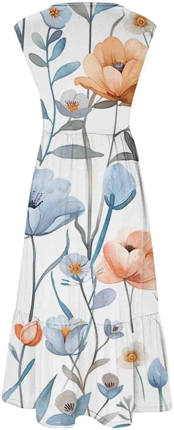Women's Elegant Midi Dress Casual Round Neck Sleeveless Tiered Ruffle Work Dresses Summer Floral Tank Dress