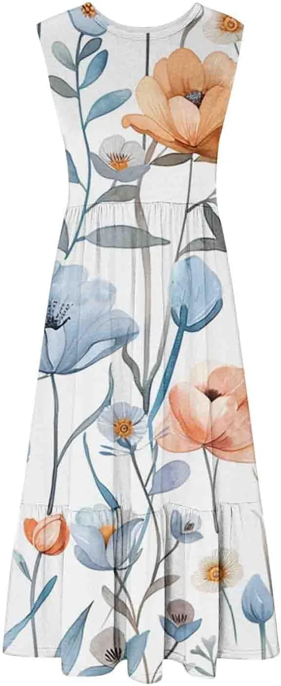 Women's Elegant Midi Dress Casual Round Neck Sleeveless Tiered Ruffle Work Dresses Summer Floral Tank Dress