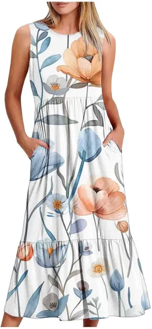 Women's Elegant Midi Dress Casual Round Neck Sleeveless Tiered Ruffle Work Dresses Summer Floral Tank Dress