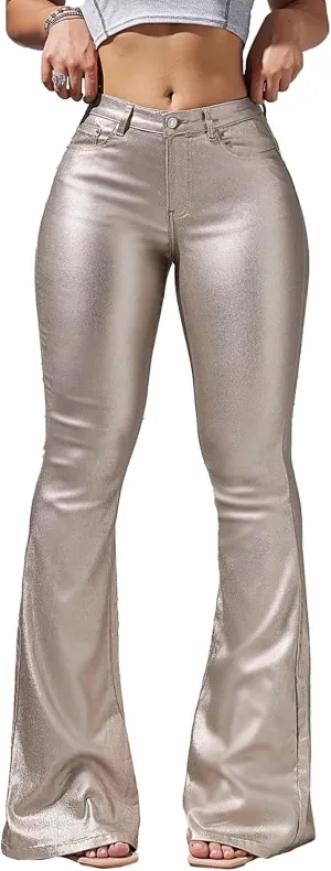 Women's Faux Leather Coated Flare Pants Mid Waist PU Skinny Black Leggings Bell Bottom Pants with Pockets