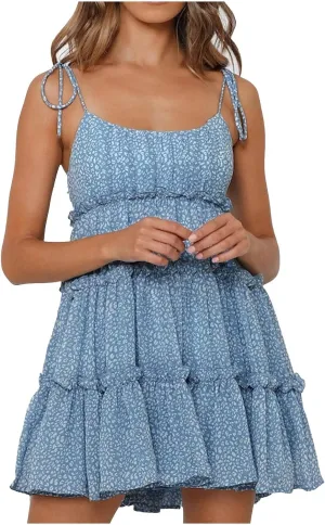 Womens Floral Mini Dress 2025 Boho Summer Spaghetti Strap Skater Dresses Sexy Sleeveless Ruffle Flowy Swing Tiered Dress