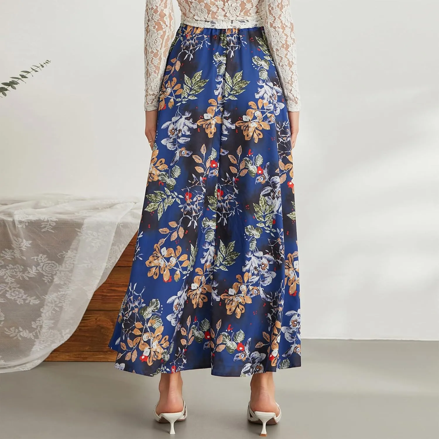 Womens Flowy Maxi Skirt Vintage Floral Print High Waist Elastic A Line Boho Beach Holiday Long Skirts