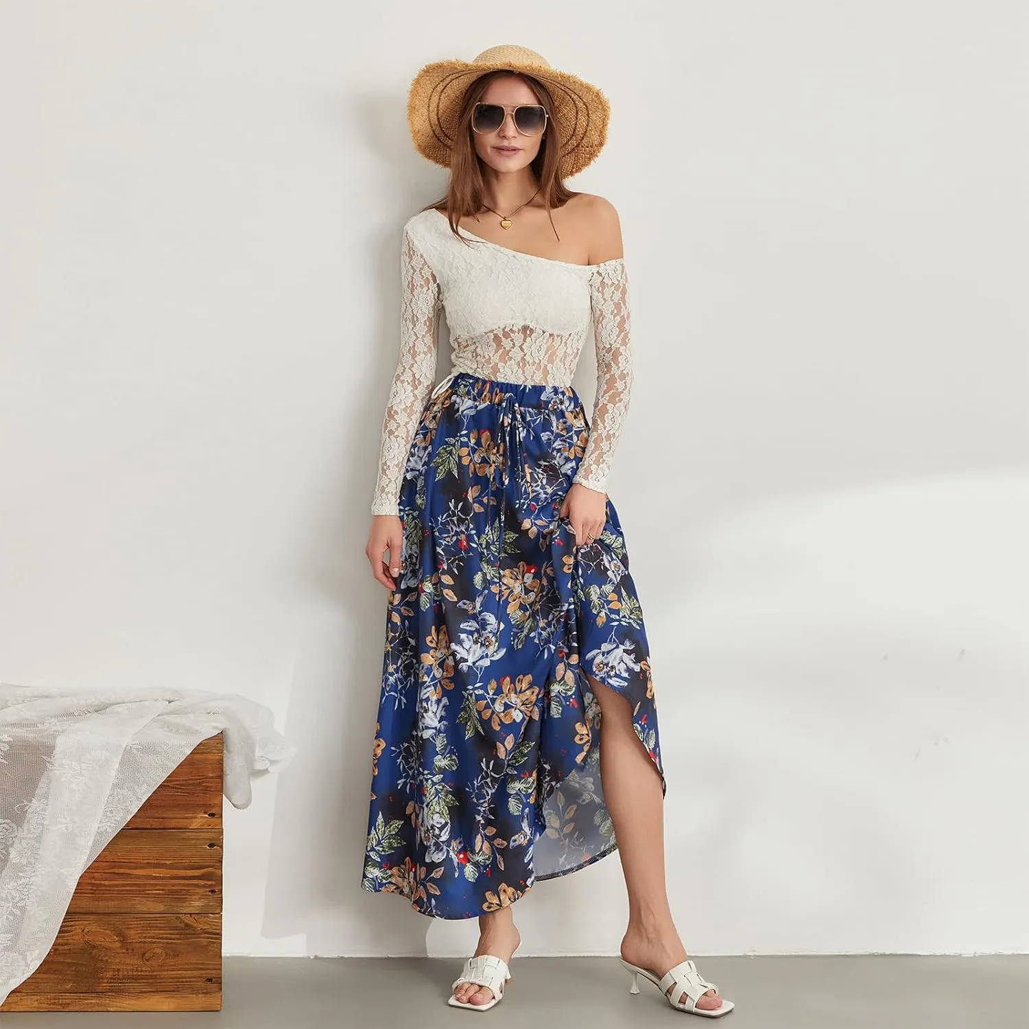 Womens Flowy Maxi Skirt Vintage Floral Print High Waist Elastic A Line Boho Beach Holiday Long Skirts