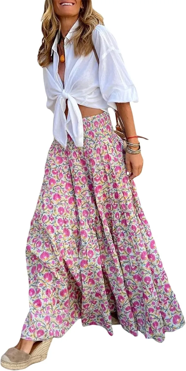 Womens Flowy Maxi Skirt Vintage Floral Print High Waist Elastic A Line Boho Beach Holiday Long Skirts