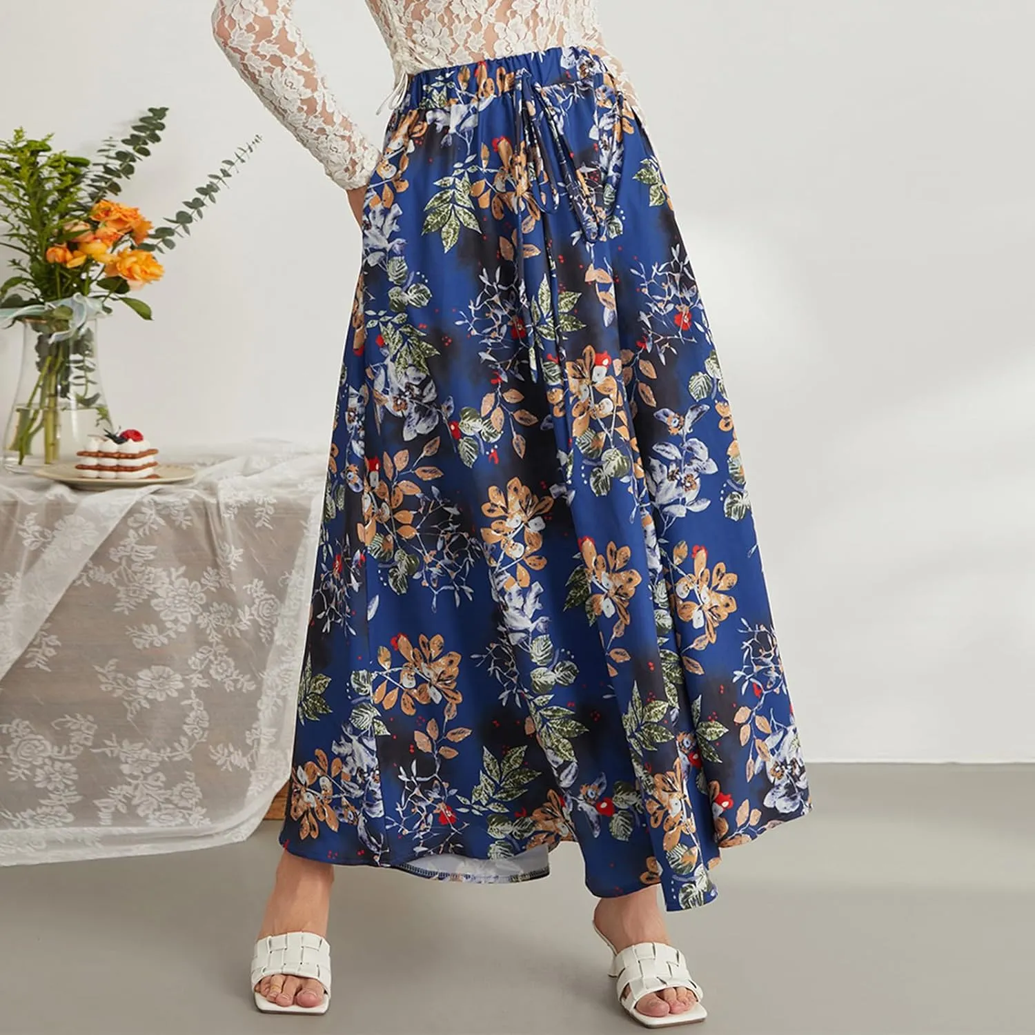 Womens Flowy Maxi Skirt Vintage Floral Print High Waist Elastic A Line Boho Beach Holiday Long Skirts