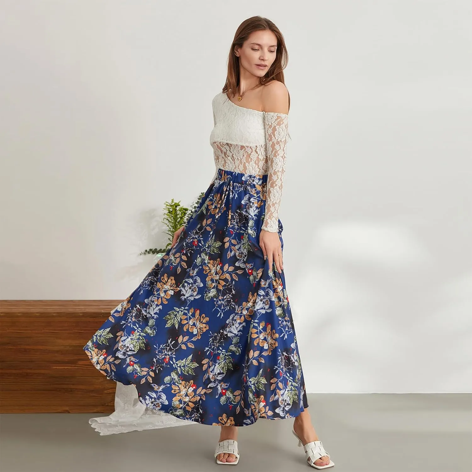Womens Flowy Maxi Skirt Vintage Floral Print High Waist Elastic A Line Boho Beach Holiday Long Skirts